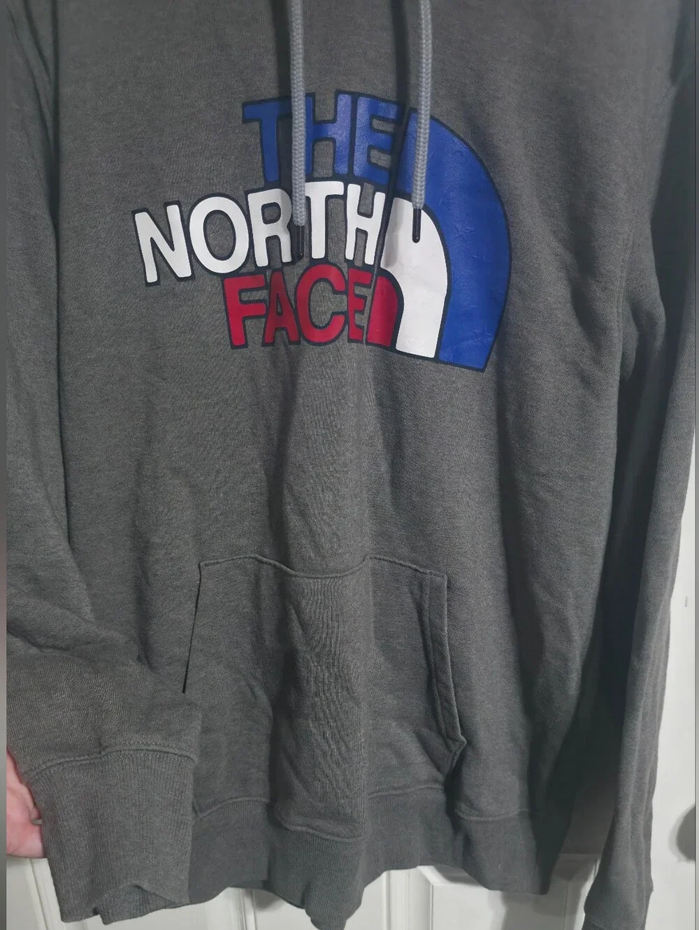 The North Face Men's Grey Hoodie with Red, White & Blue Logo Size L